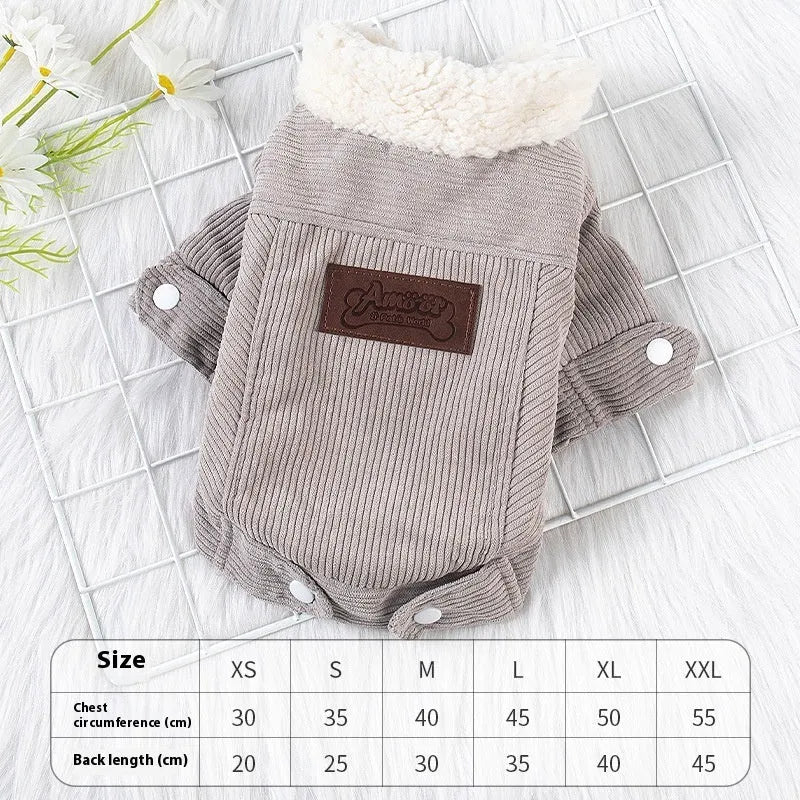 Lambswool fleece-lined padded vest for dogs and cats in grey or pink, shown in size range XS to XXL.