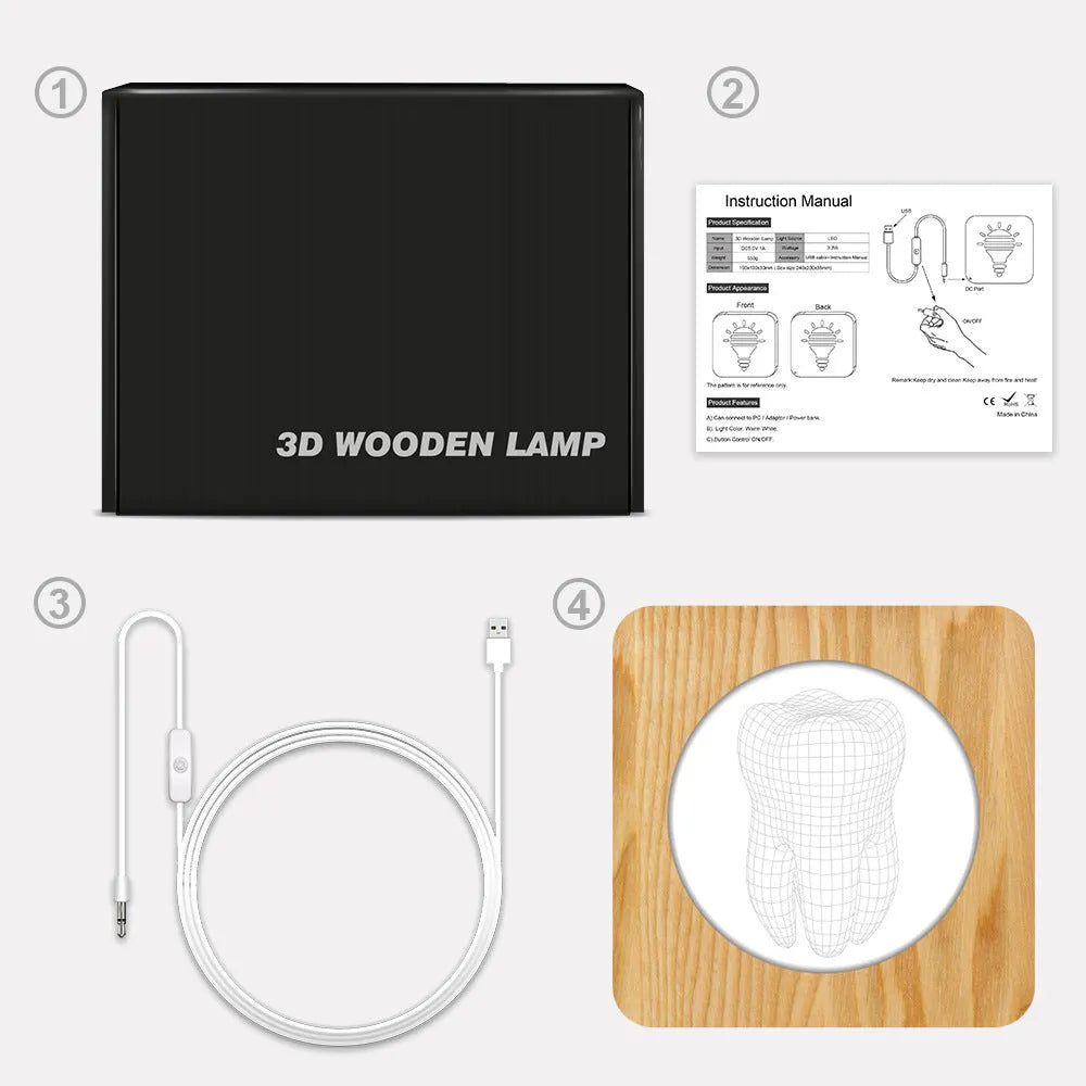 Tooth-shaped wood colour acrylic USB night light on a surface, showing its compact size.