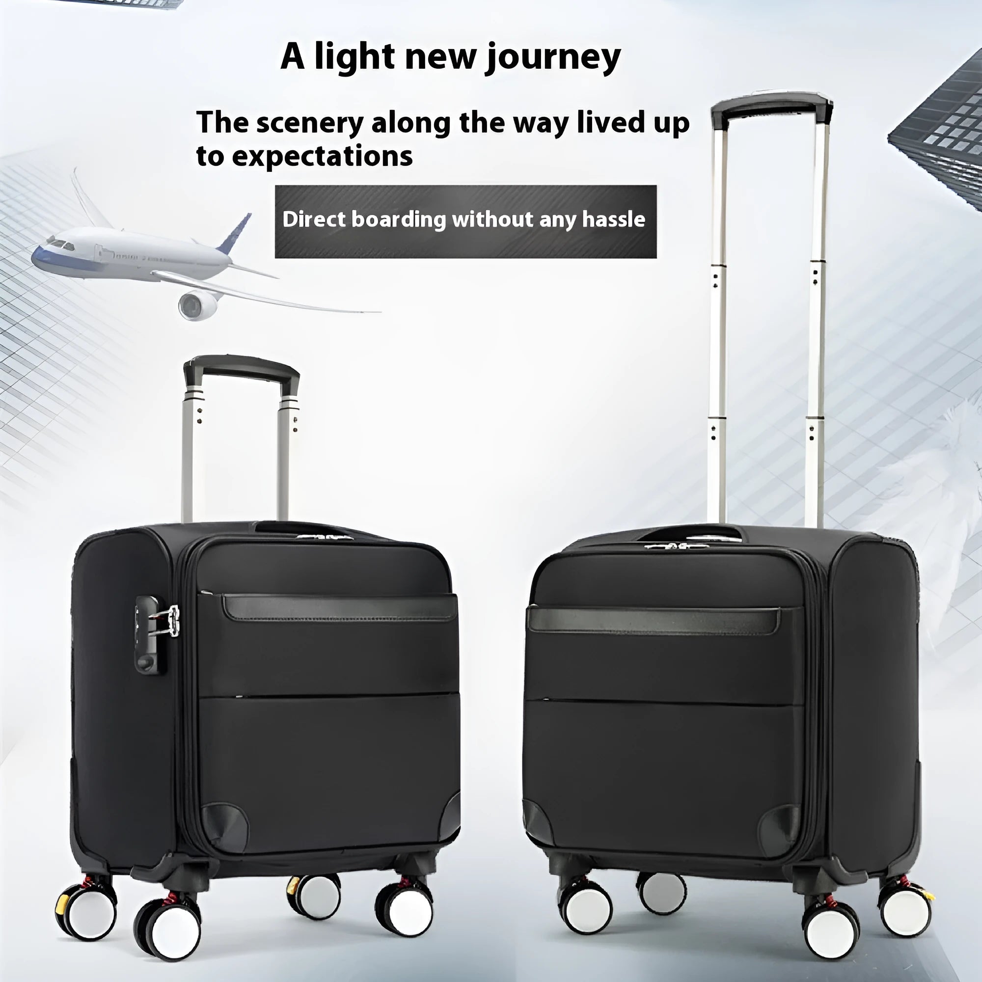 Black 18 inch Oxford cloth business suitcase with retractable handle and universal wheels.