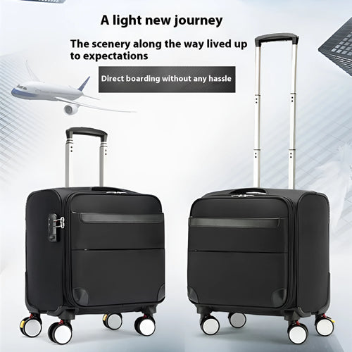 Black 18 inch Oxford cloth business suitcase with retractable handle and universal wheels.