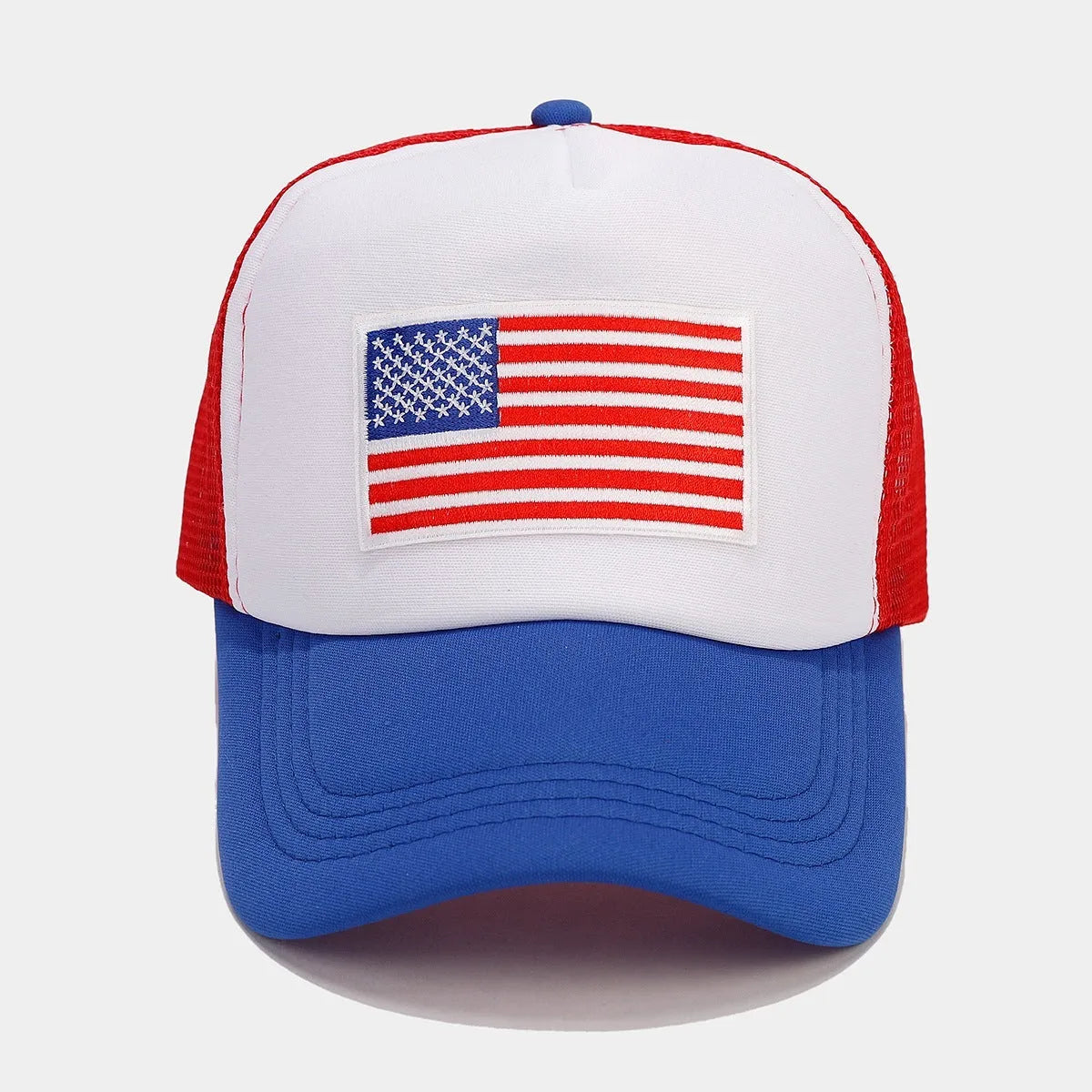 Red and blue contrast adjustable baseball cap with dome crown and mesh fabric