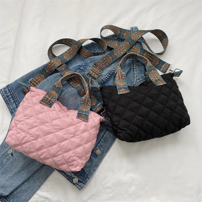 Oxford cloth messenger bag with sandwich pocket and single shoulder strap in horizontal square shape