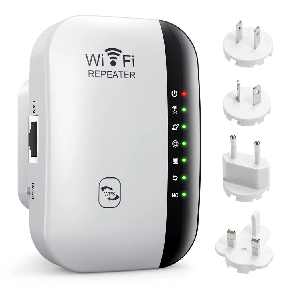 Black Wi-Fi range extender with WPS button plugged into a wall socket, model with UK plug