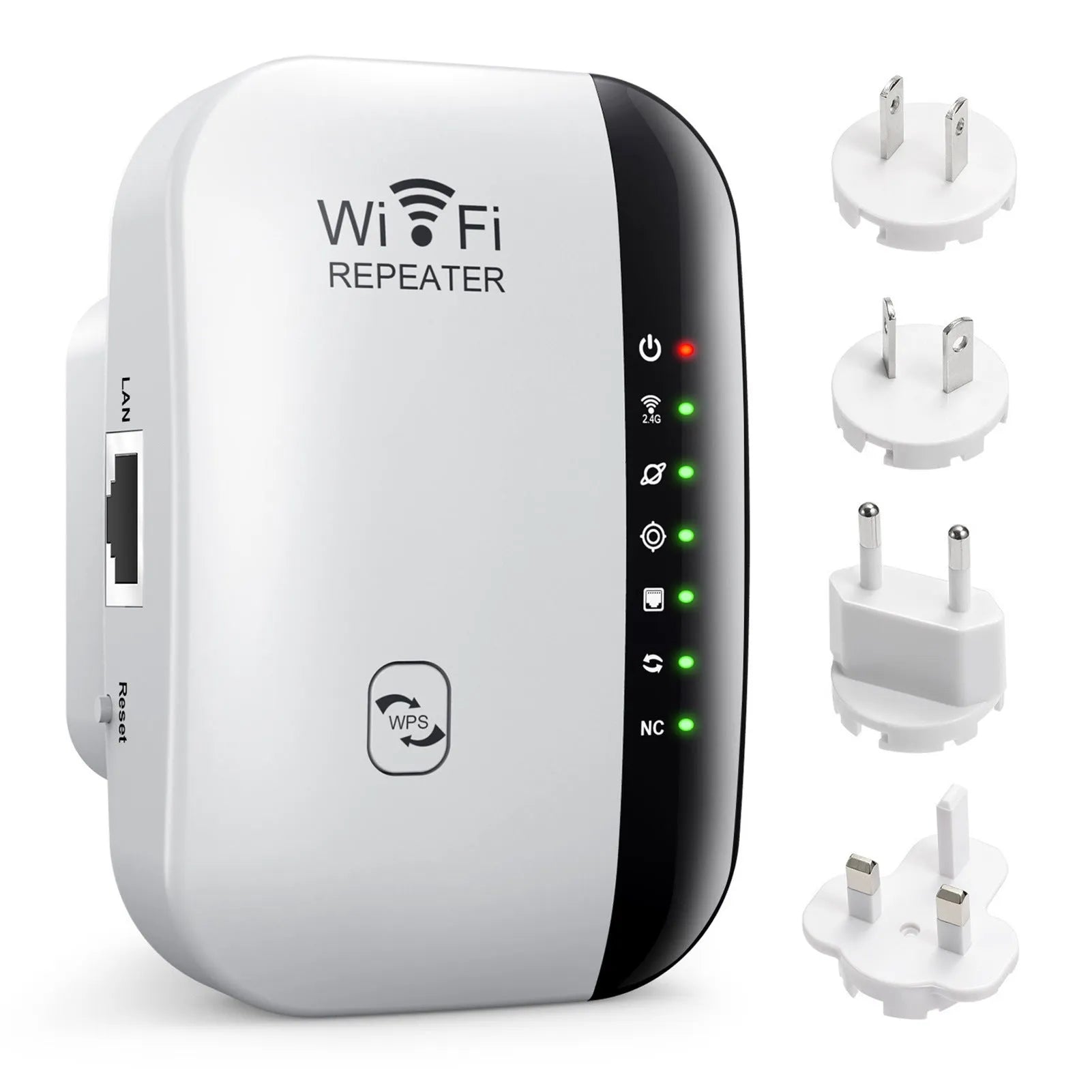 Black Wi-Fi range extender with WPS button plugged into a wall socket, model with UK plug