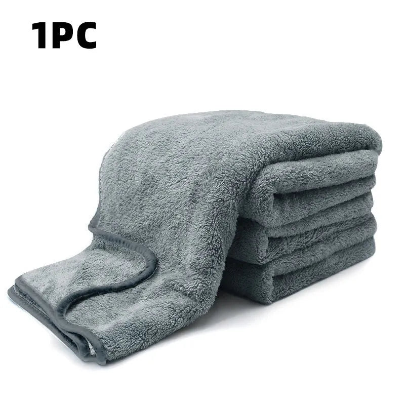 Microfiber car drying towel set showing size options: 75cm by 35cm, 60cm by 40cm, and 100cm by 40cm.