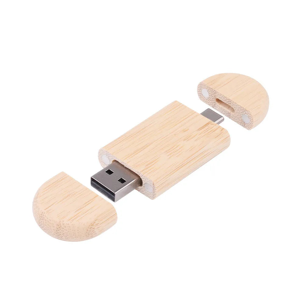 Carved wooden box-shaped USB flash drive with TYPE-C phone connector on display