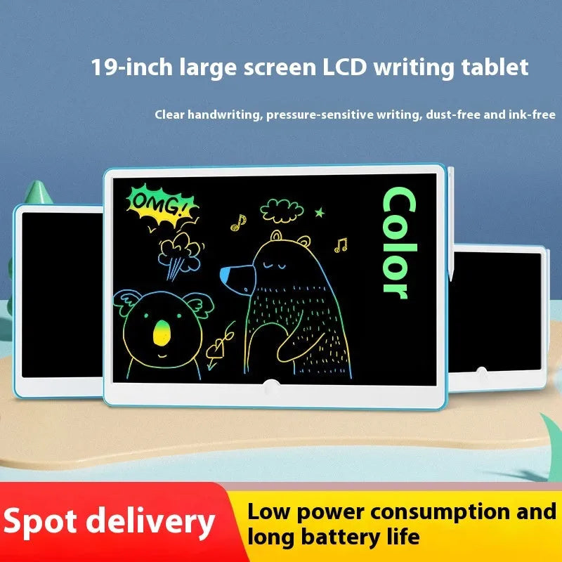 19-inch LCD charging drawing board for children in blue and white colour scheme.