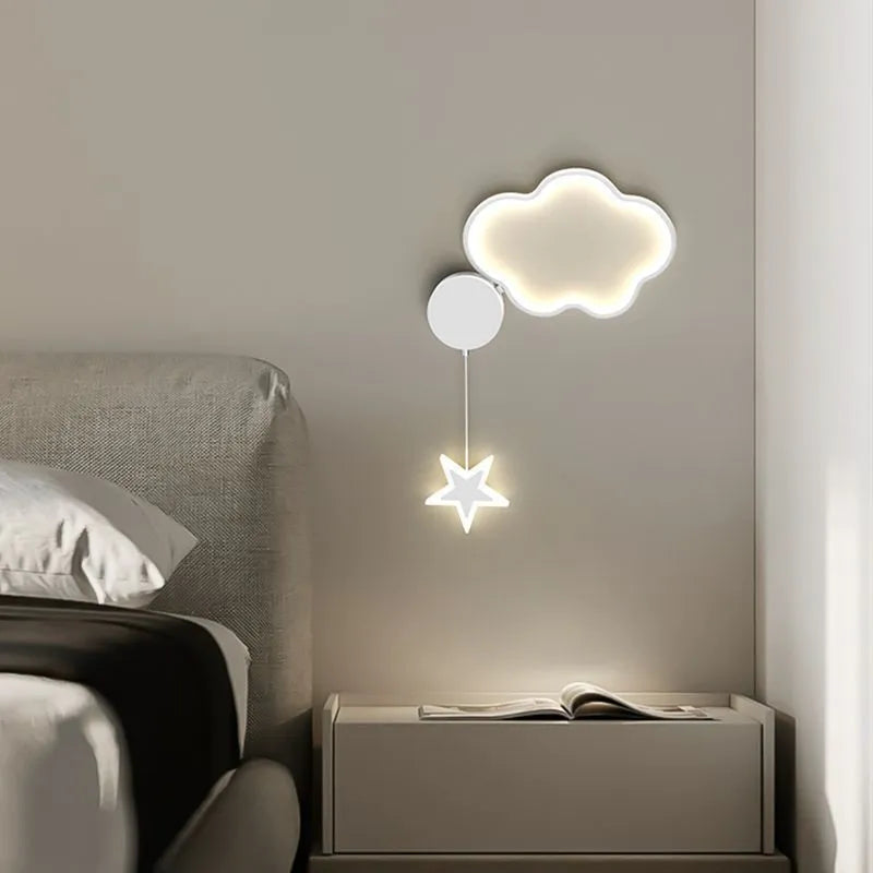 Cloud and star-shaped children's bedside wall lamp with LED lighting in black or white finish