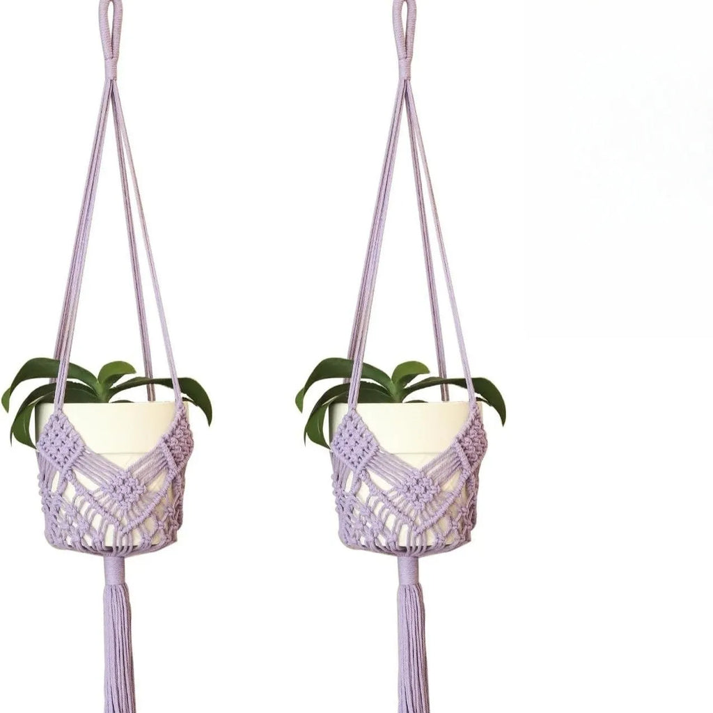 Hand-woven brown polyester cotton flower pot cover with a net pocket on the side.