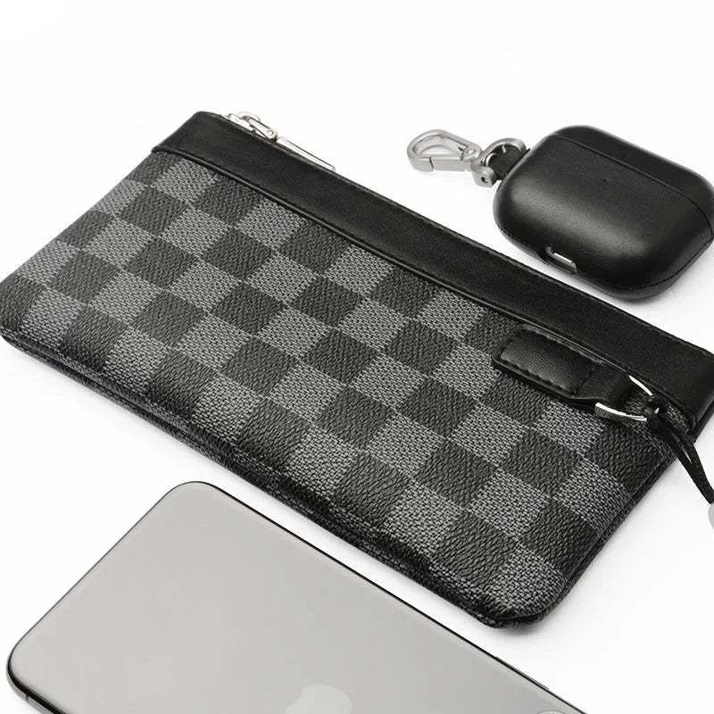 Black men's leather clutch wallet showing cowhide texture and 20cm x 10cm dimensions