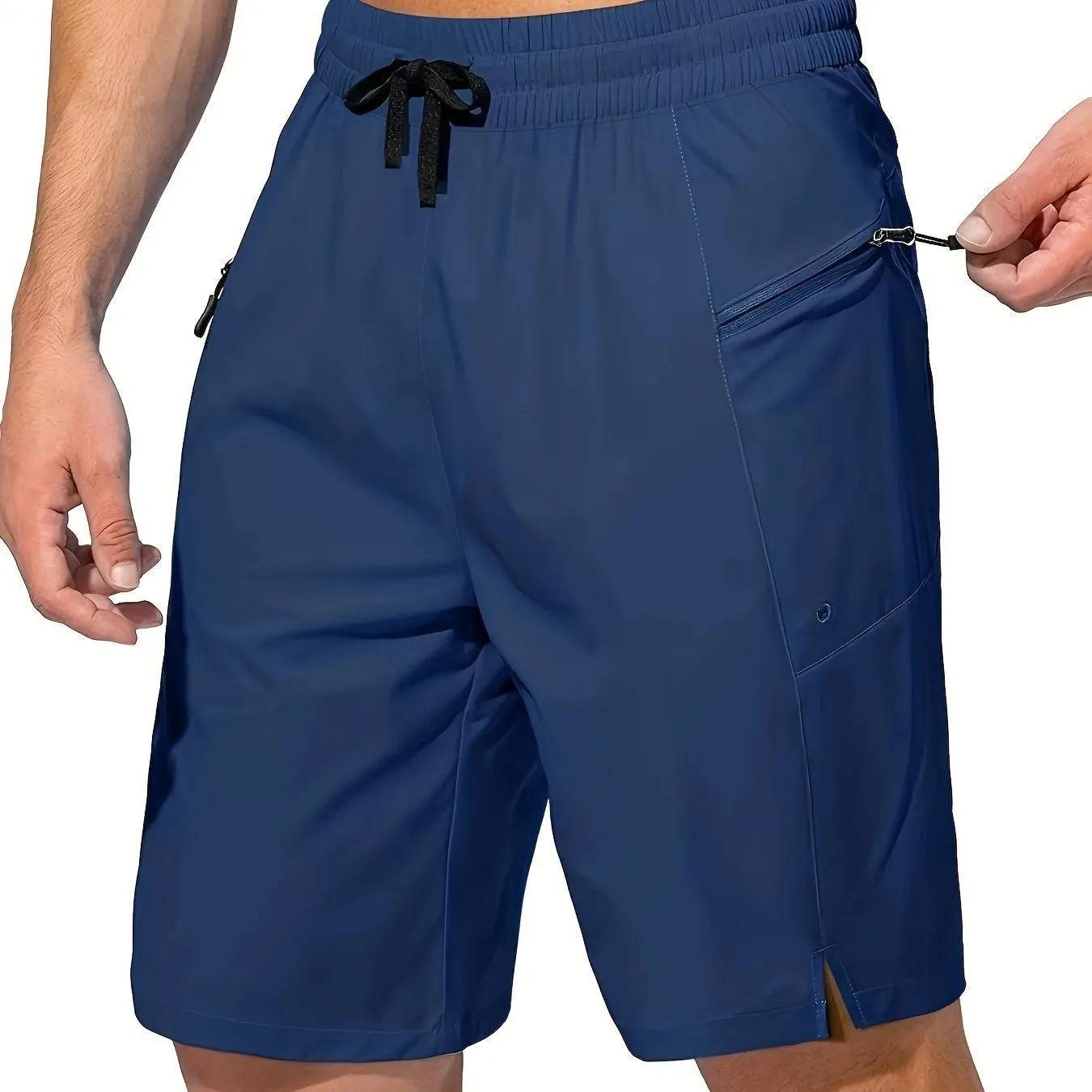 Men's solid colour quick-drying beach shorts in polyester fabric showing straight-leg cut