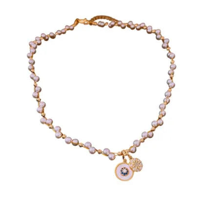 Real gold electroplated clavicle chain necklace with round zircon pearl pendant