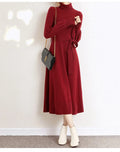 Women's knitted turtleneck dress with long sleeves, elastic waist, and a loose A-line skirt in a solid colour.