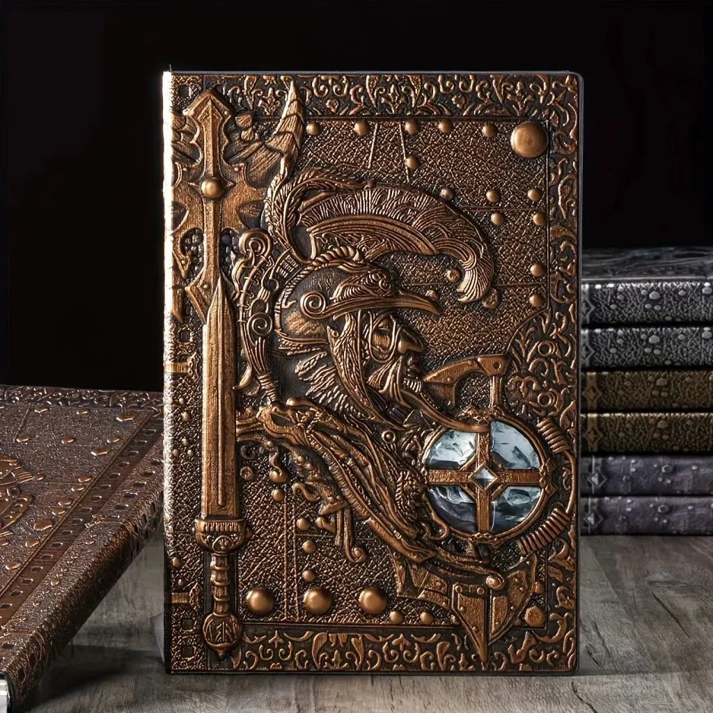 A5 leather notebook with embossed 3D warriors design on the cover.
