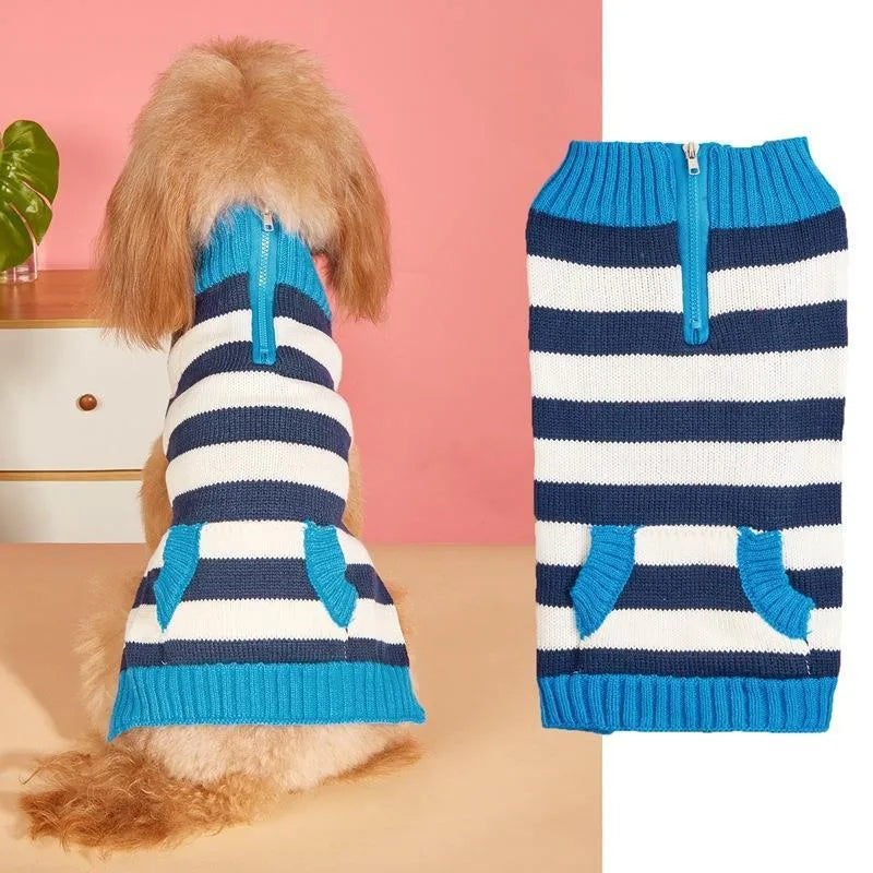 Grey acrylic knit dog sweater with horizontal side zip and a chest pocket on a small dog.