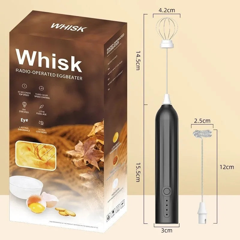 USB rechargeable handheld electric milk frother in black, white and khaki colours