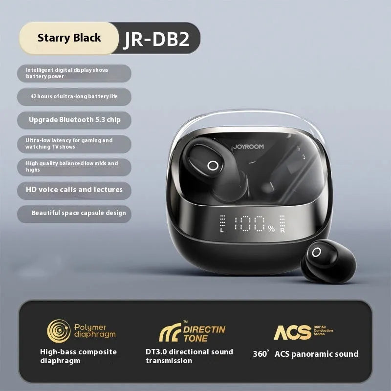 Wireless in-ear Bluetooth headphones with charging case in dawn white, black, or purple.