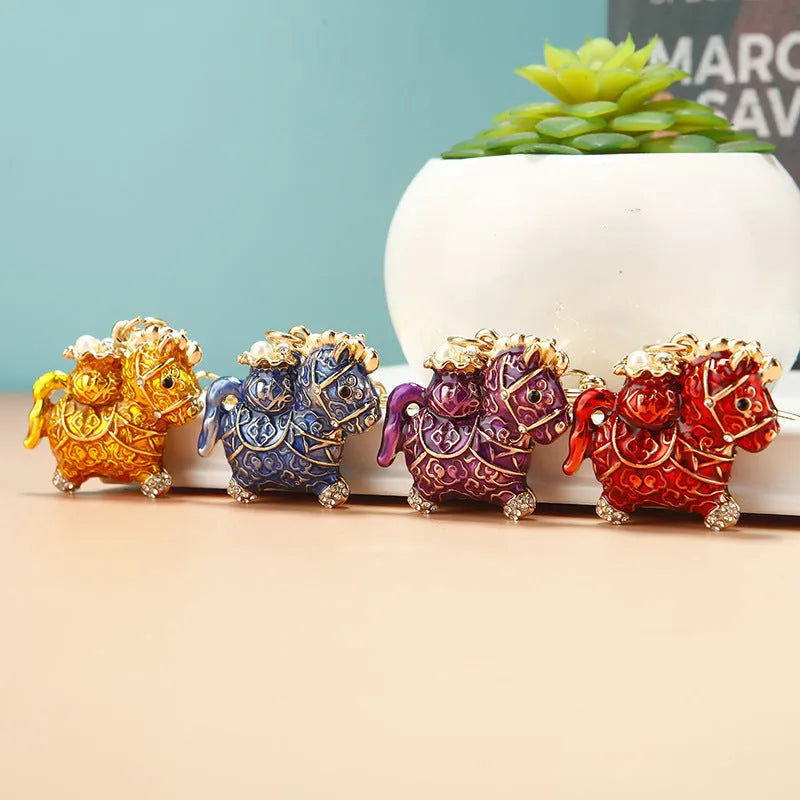 Chinese style alloy diamond-embedded fortune car key ring in red with lucky rope design