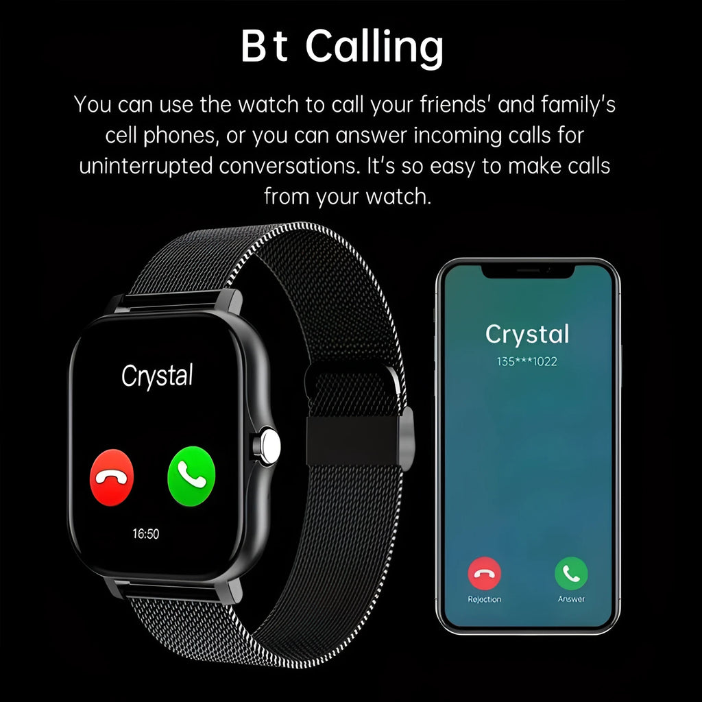 Smart watch with colour touch screen and silicone strap, showing Bluetooth call interface.