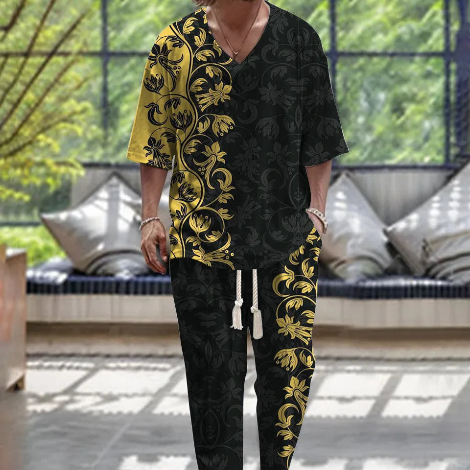Polyester cropped sleeve V-neck jacket and trousers suit set on a hanger.