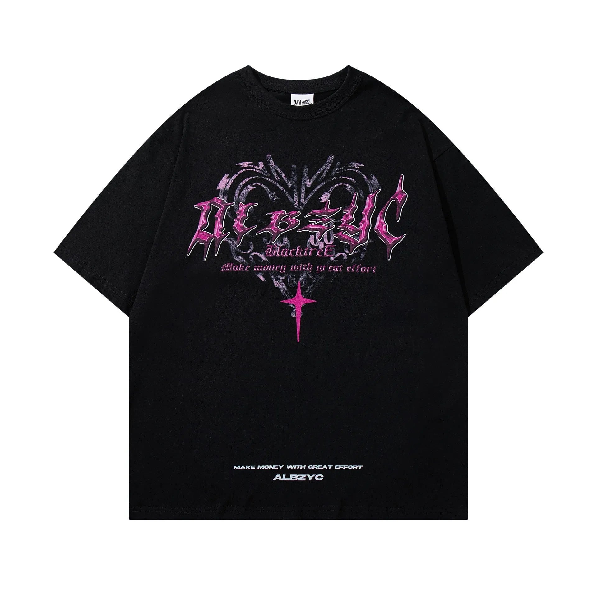 Men's black retro printed cotton t-shirt with round neck and short sleeves on hanger