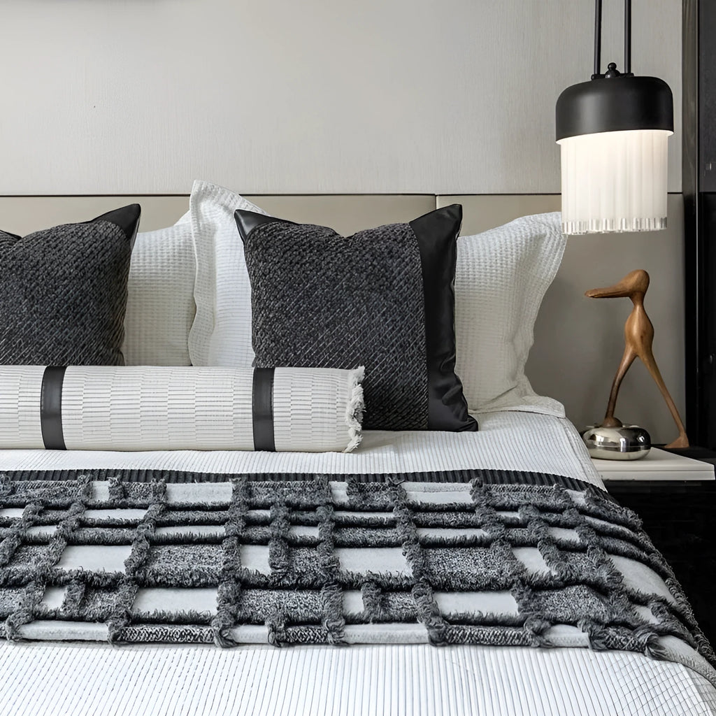 Modern minimalist bed runner nap blanket set with grey and white plaid pattern on bed