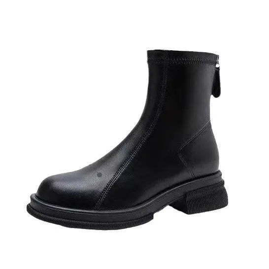 Women's thick heel flat ankle boots with round toe and back zip closure