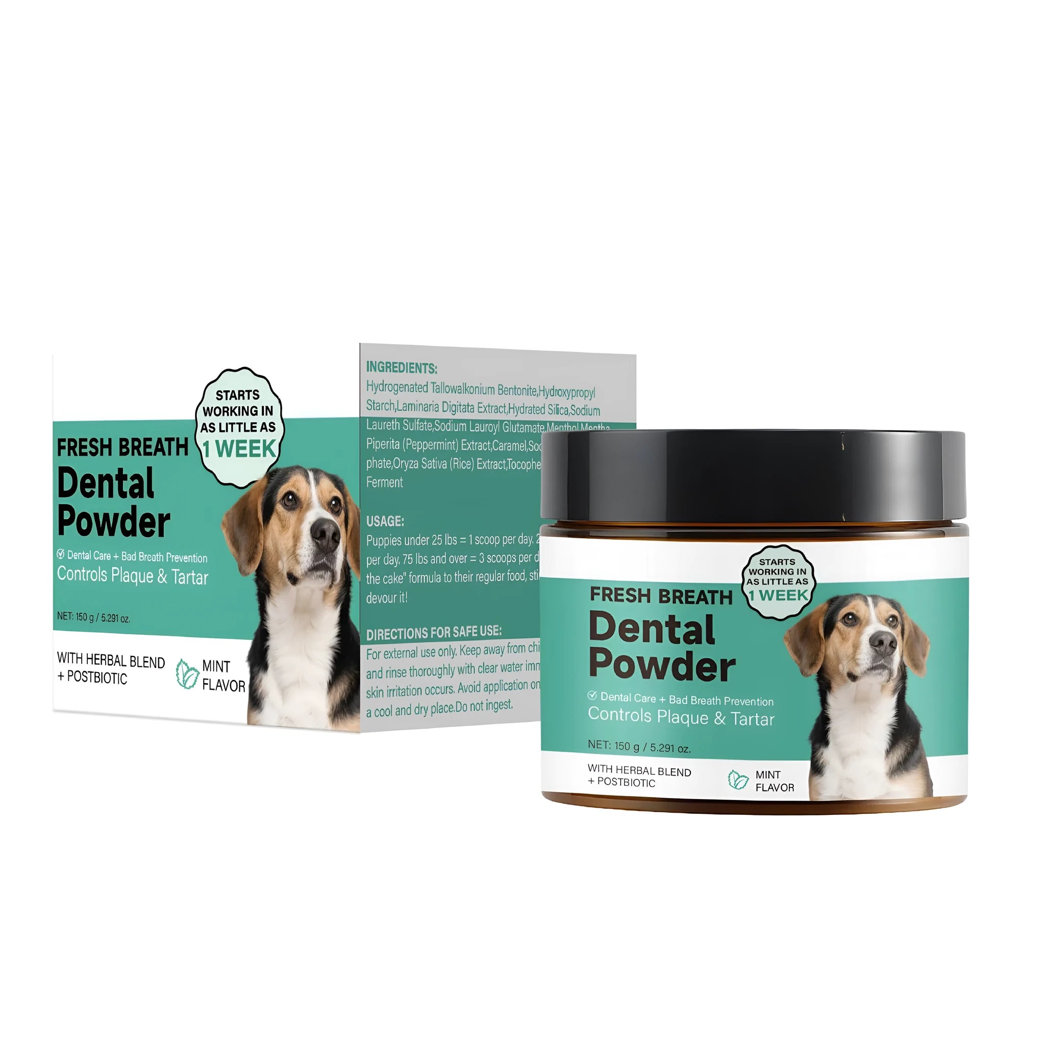 150g container of dog breath tooth cleaning powder with natural mint flavour for plaque removal