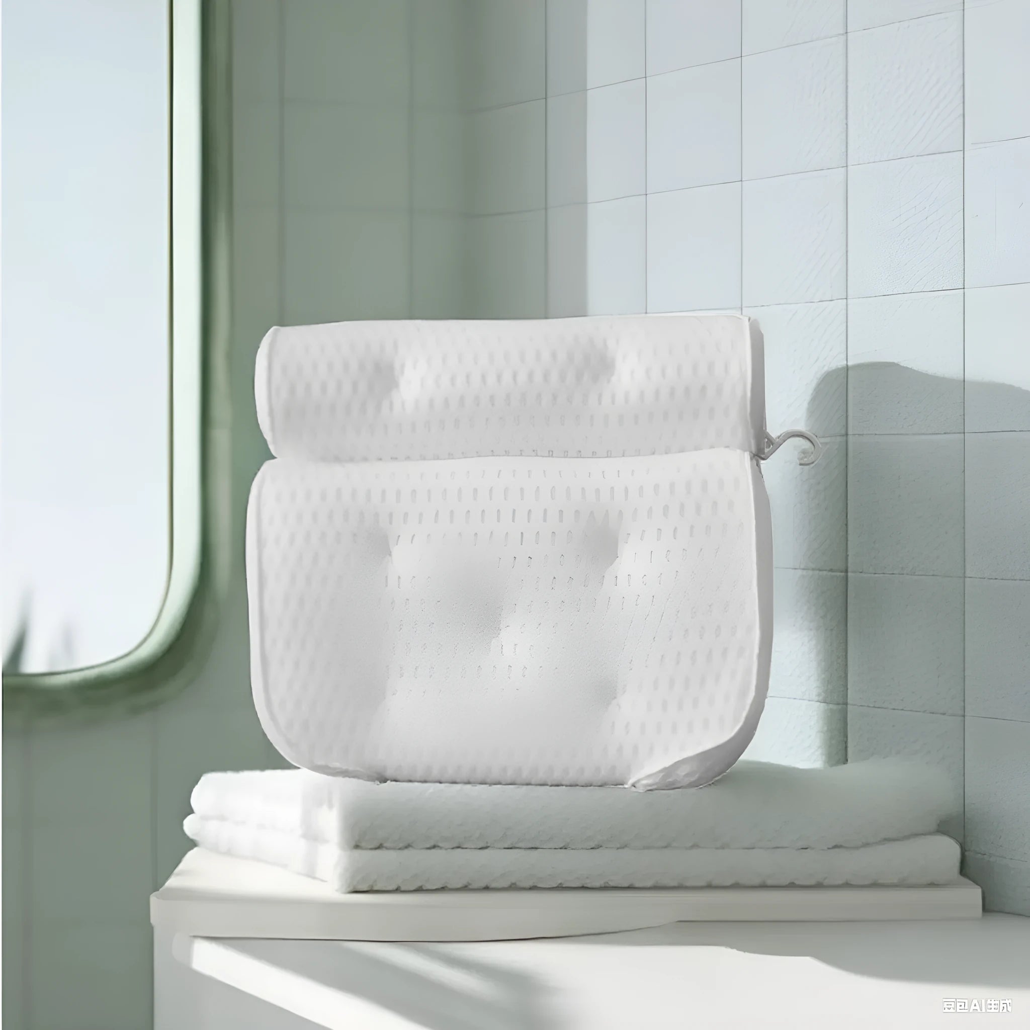 White bathtub pillow with 4D mesh fabric and suction cups on a flat surface.