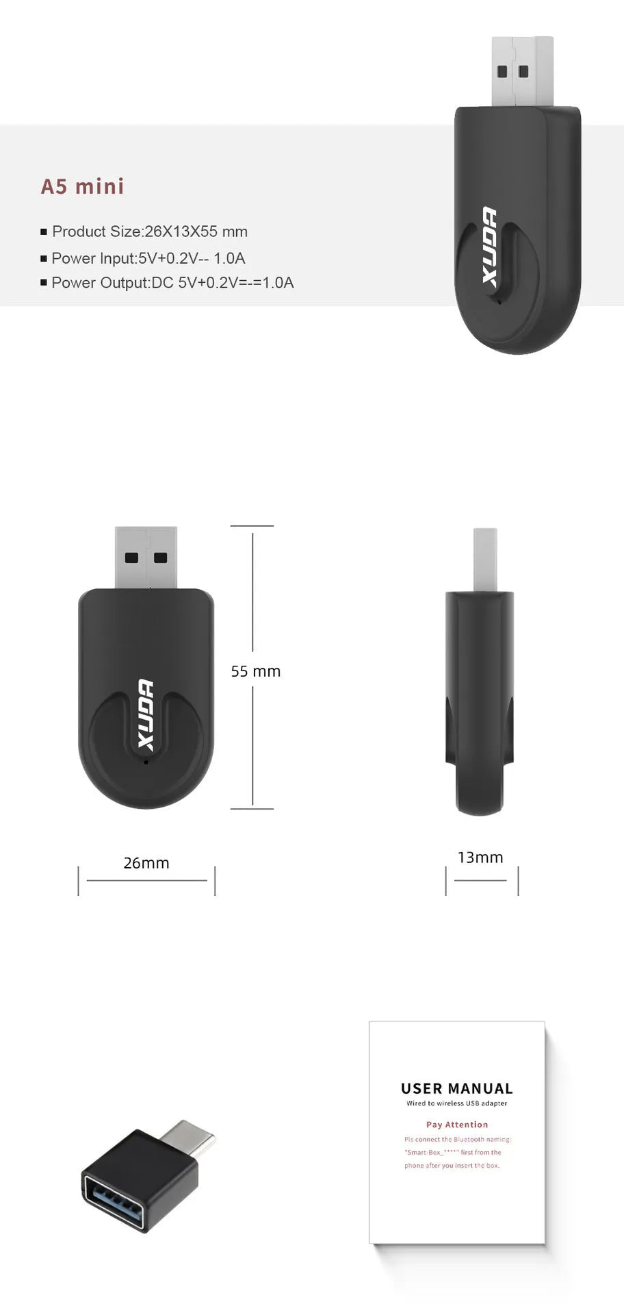 Black mini CarPlay USB interface adapter with dimensions 26×55×13mm