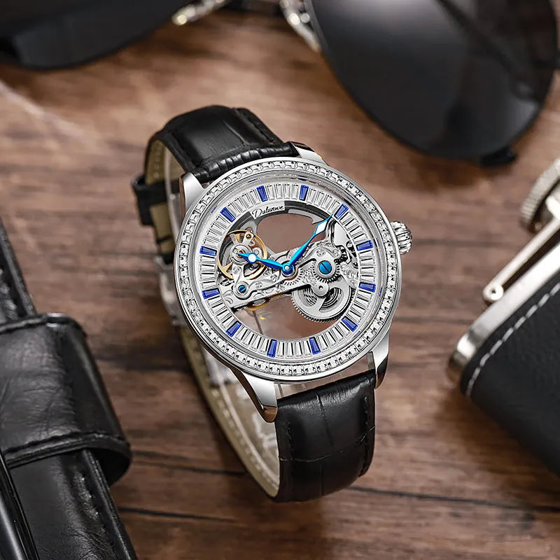 Men's mechanical watch with exhibition case back, onion crown, on a stainless steel or leather strap