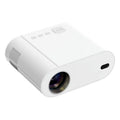 White T07 Full HD smart projector with remote control on a grey surface.