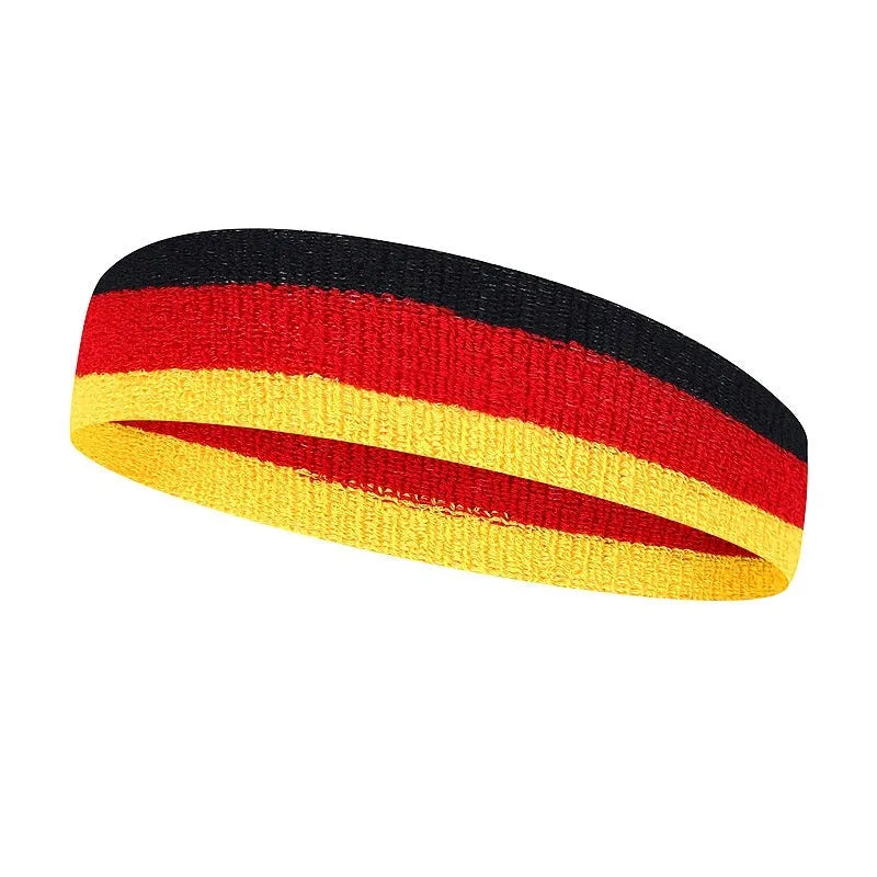 Cotton sports headband for adults in black red yellow colour combination measuring 5.5 by 20 cm