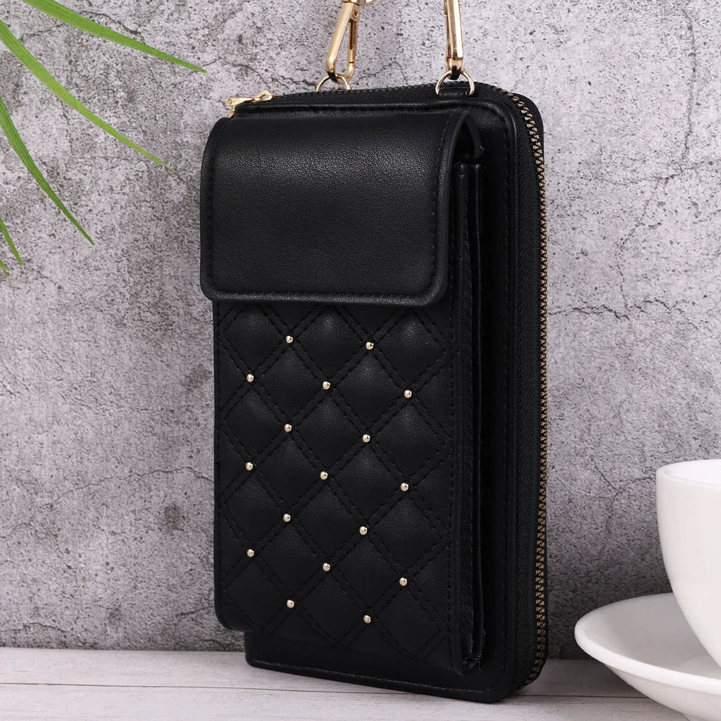 Fashion all-match mobile phone bag in black with rhombus light luxury pattern and clamshell opening