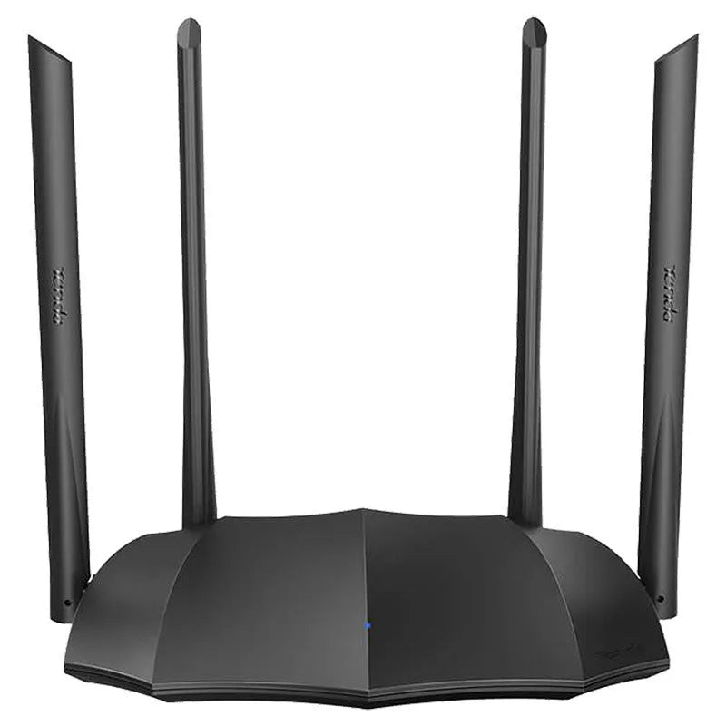 AC8 dual-band Gigabit wireless router with three LAN ports on a desk.