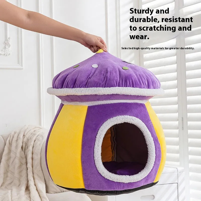 Mushroom-shaped plush cat bed in grey colour with detachable blanket
