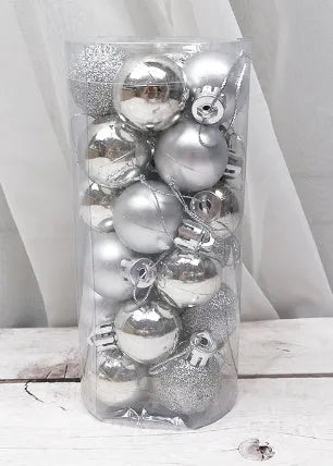 Assortment of shiny matte finish 3cm Christmas ball ornaments in gold, red, silver, and blue colours.