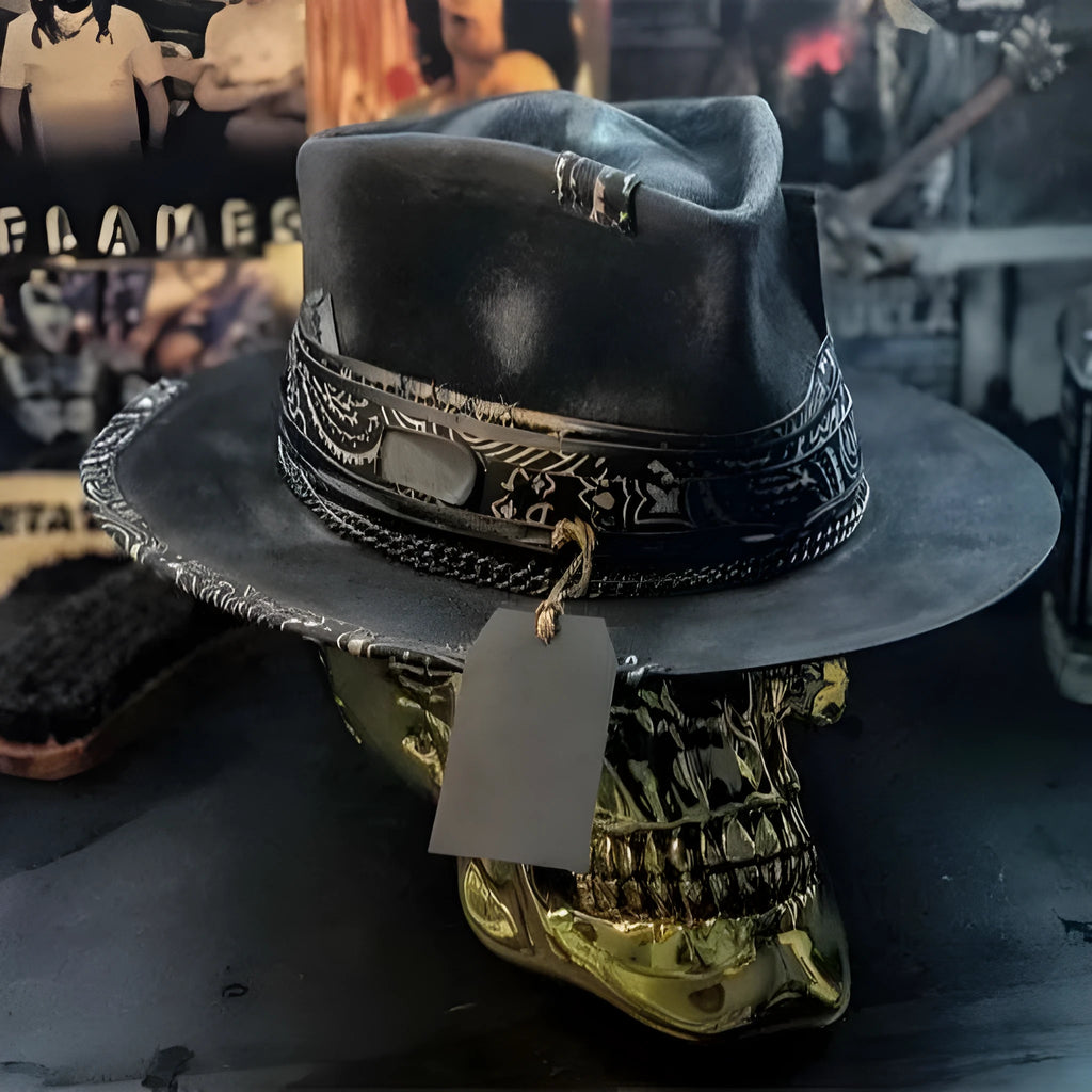 Black handmade wool felt skull hat with conical crown for Halloween costumes