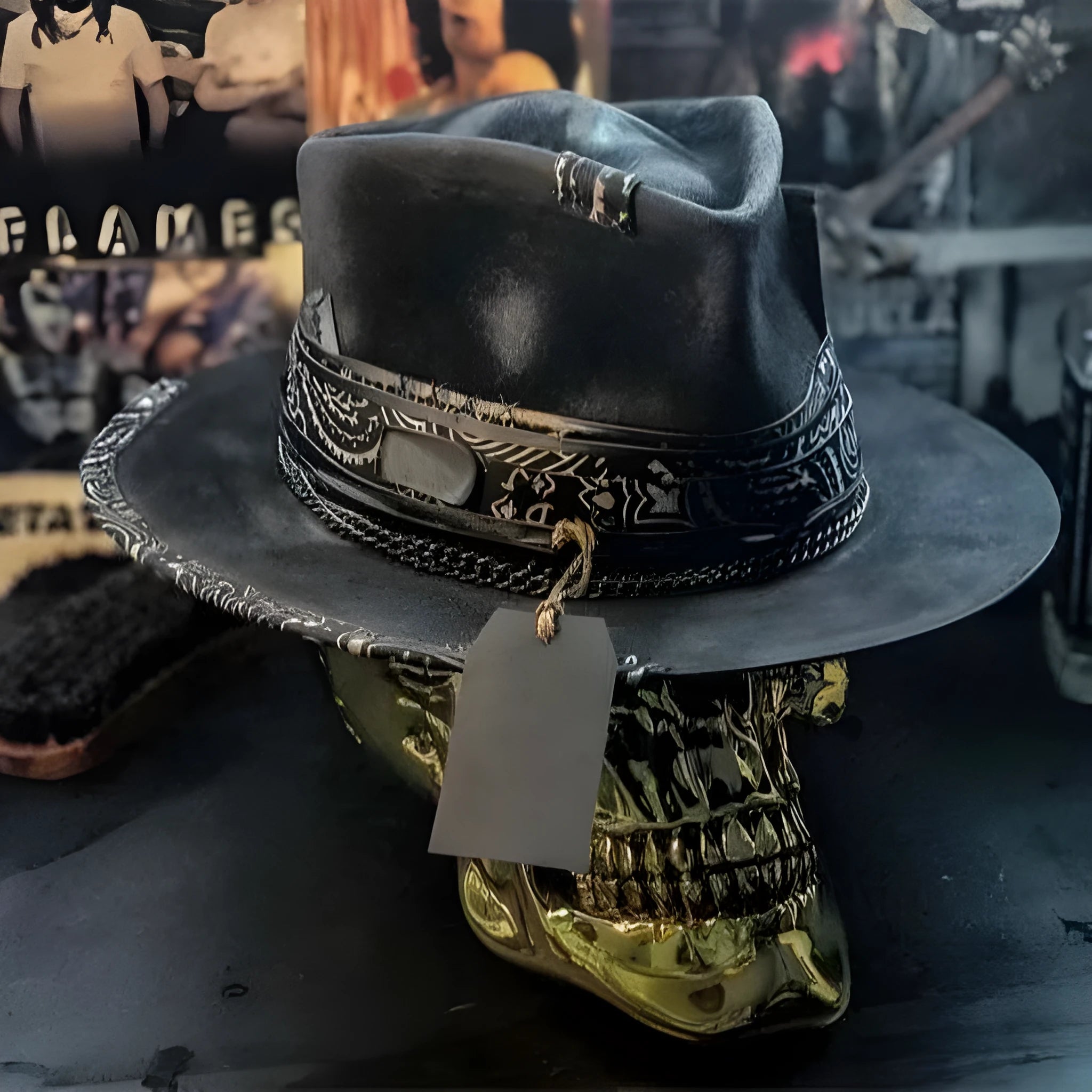 Black handmade wool felt skull hat with conical crown for Halloween costumes