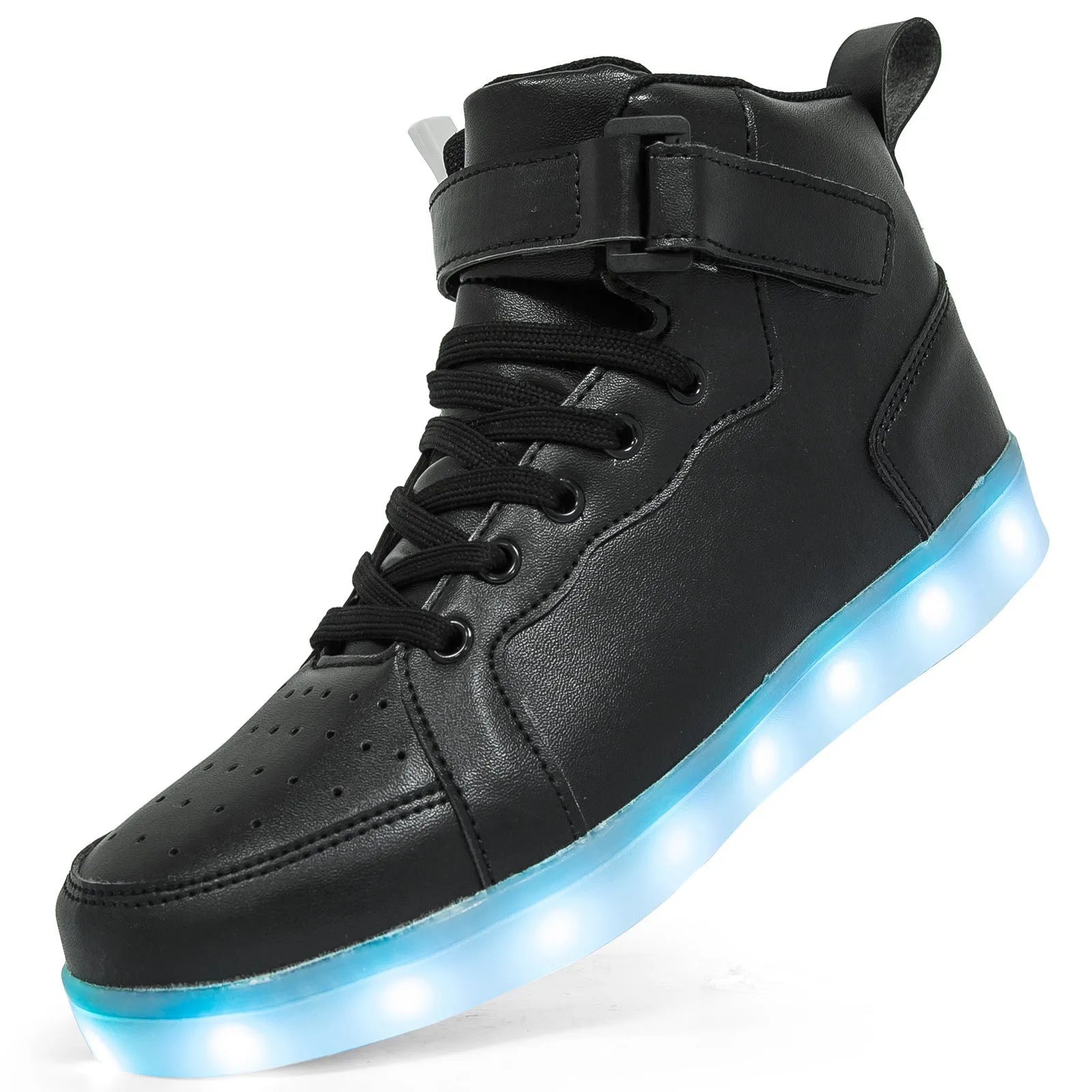 Black high-top LED light-up sneakers with velcro straps and a lit sole.