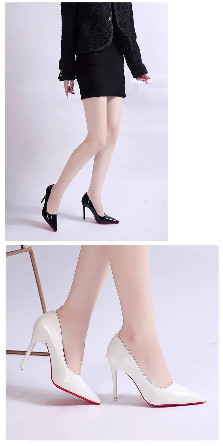 Women's solid colour pointed toe stiletto heel pumps on a white background.