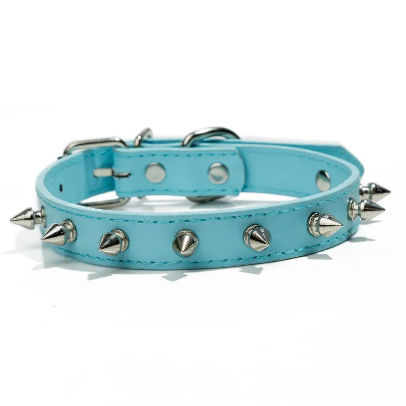 Studded PU leather dog collar in black with metal decorations and an alloy buckle.
