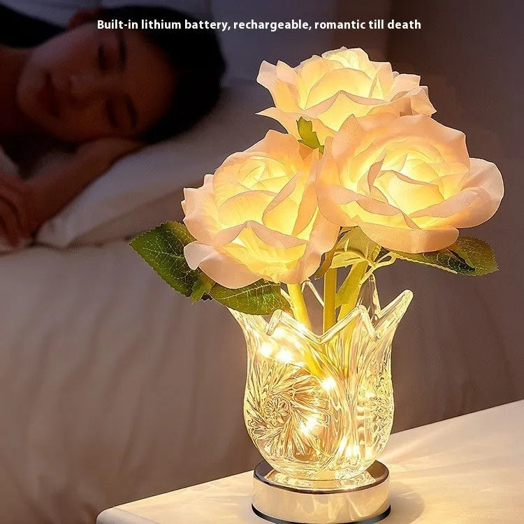 Crystal flowers rechargeable touch control table lamp with dimming function on wooden surface