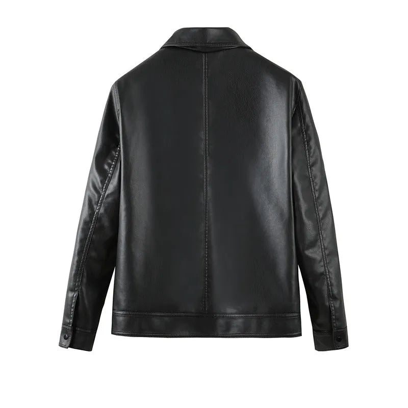 Men's black PU leather windproof jacket with zipper pockets in loose fit style