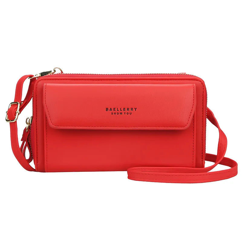 Ladies long wallet double zipper messenger bag in soft PU leather showing colour options