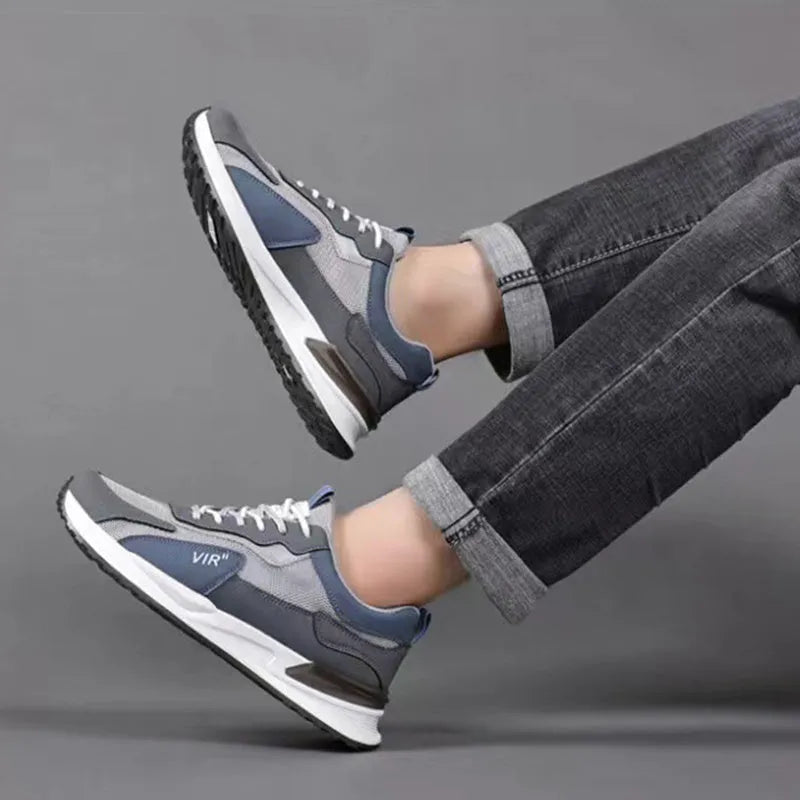 Men's colour block mesh sneakers with lace-up front and flat heel in black colourway