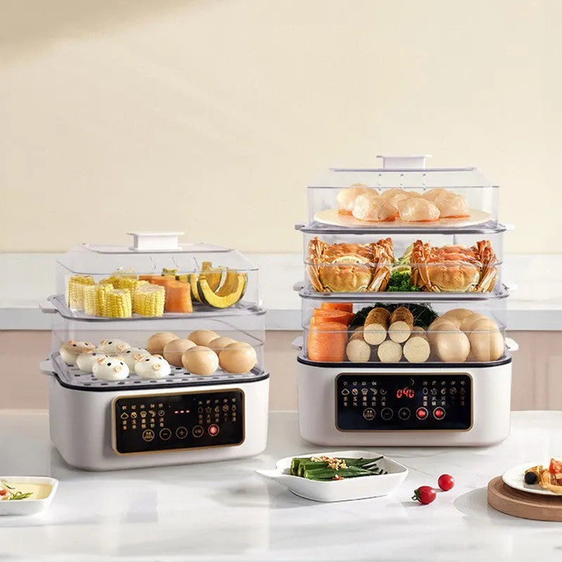Electric kitchen steamer appliance with stainless steel steaming rack and digital display