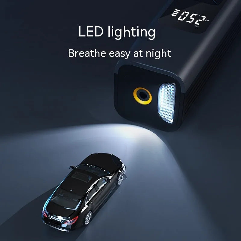 Wireless digital display car air pump and vacuum cleaner with LED light, Type-C port, and storage bag.
