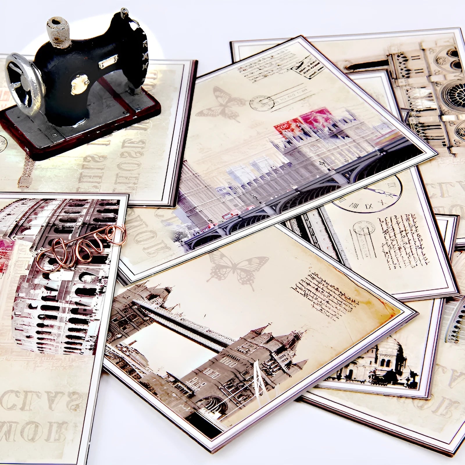Japanese style postcard set with minimalist cartoon designs of retro Paris towers and historic sites