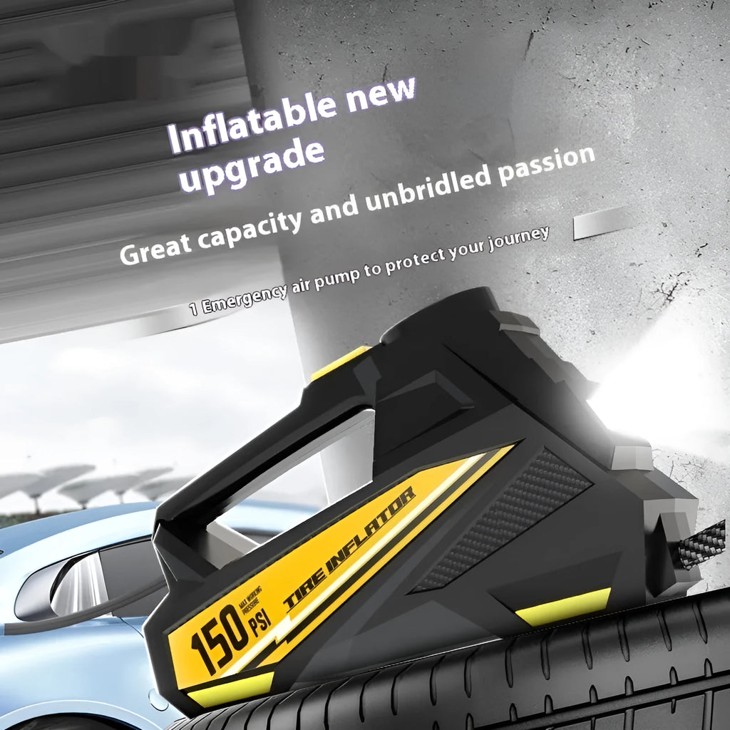 Black portable tyre inflator with digital display and LED light, powered by 12V car socket.